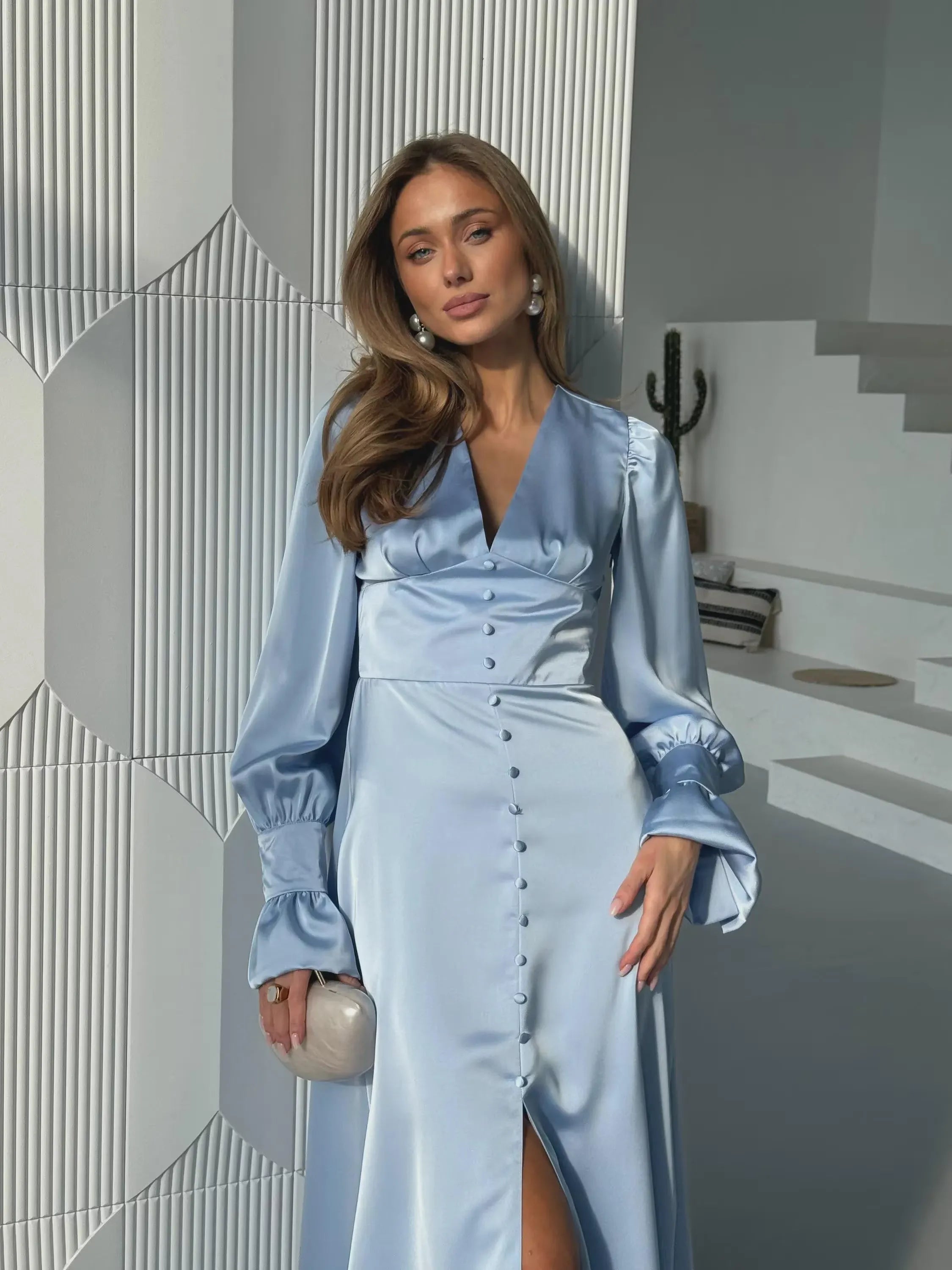 A-Line V-Neck Long Sleeve Buttons Satin White Tea-Length Formal Dress For Female Guests