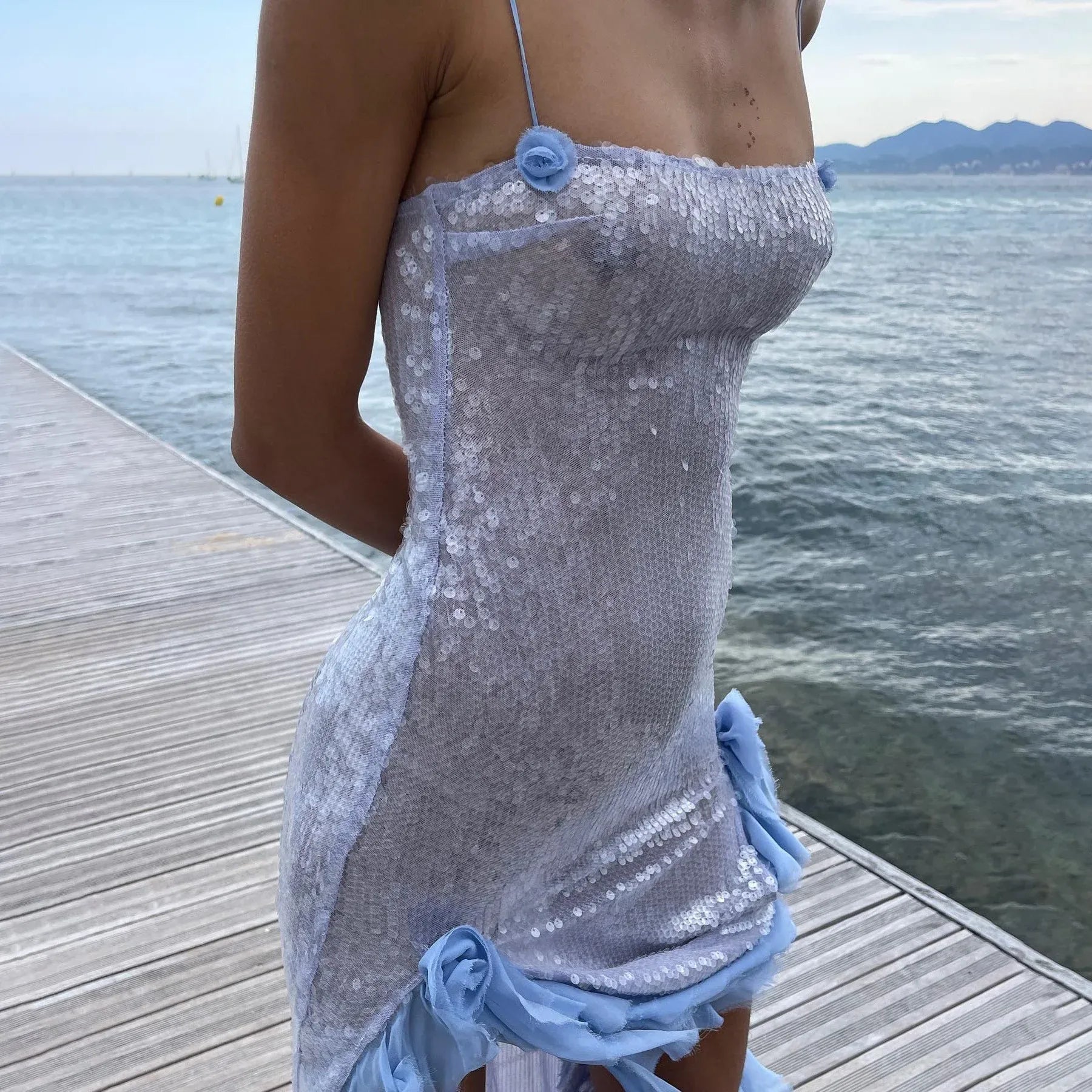 Stylish Mermaid Spaghetti-Strap Ruffled Sequins Light Blue Floor-Length Prom Dress