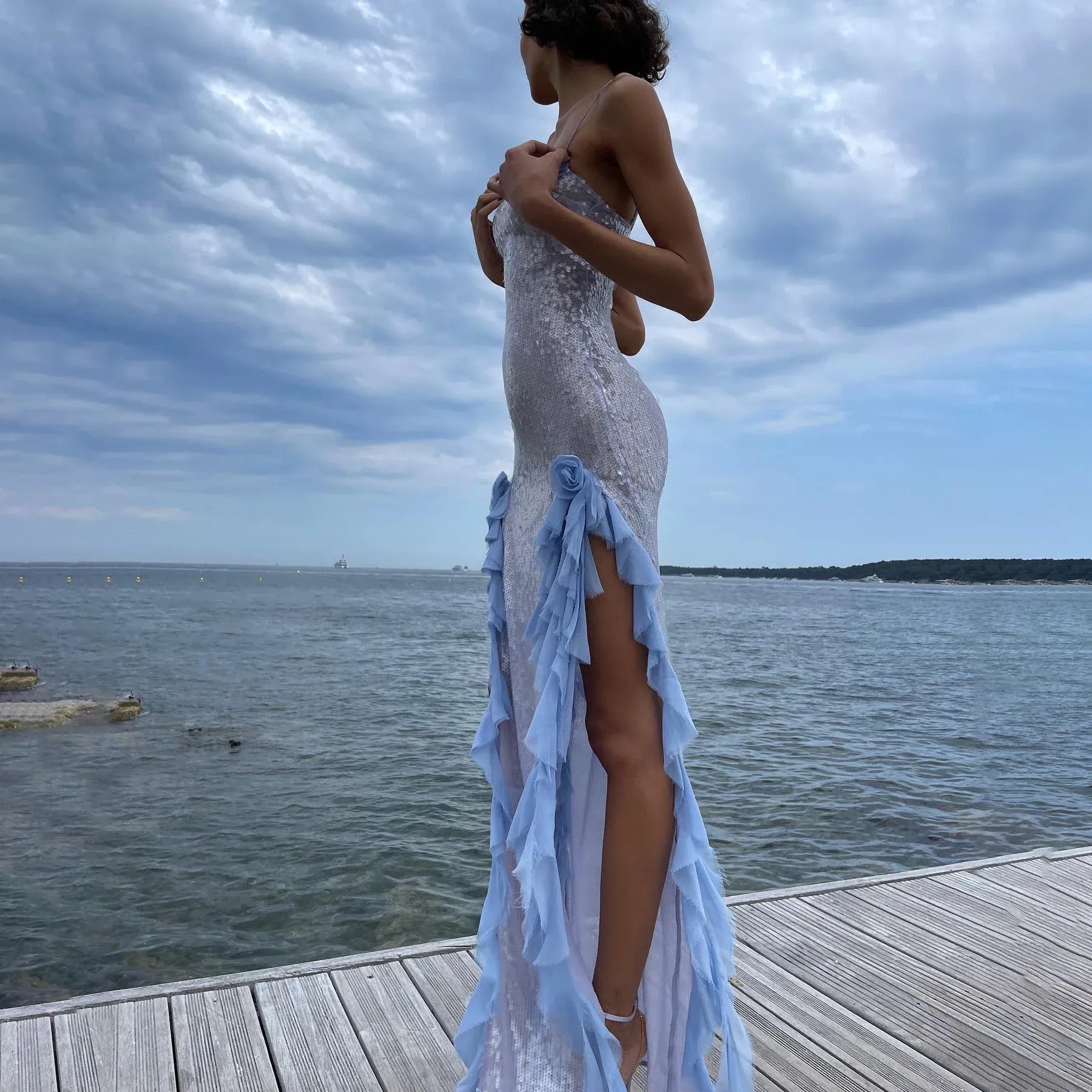 Stylish Mermaid Spaghetti-Strap Ruffled Sequins Light Blue Floor-Length Prom Dress
