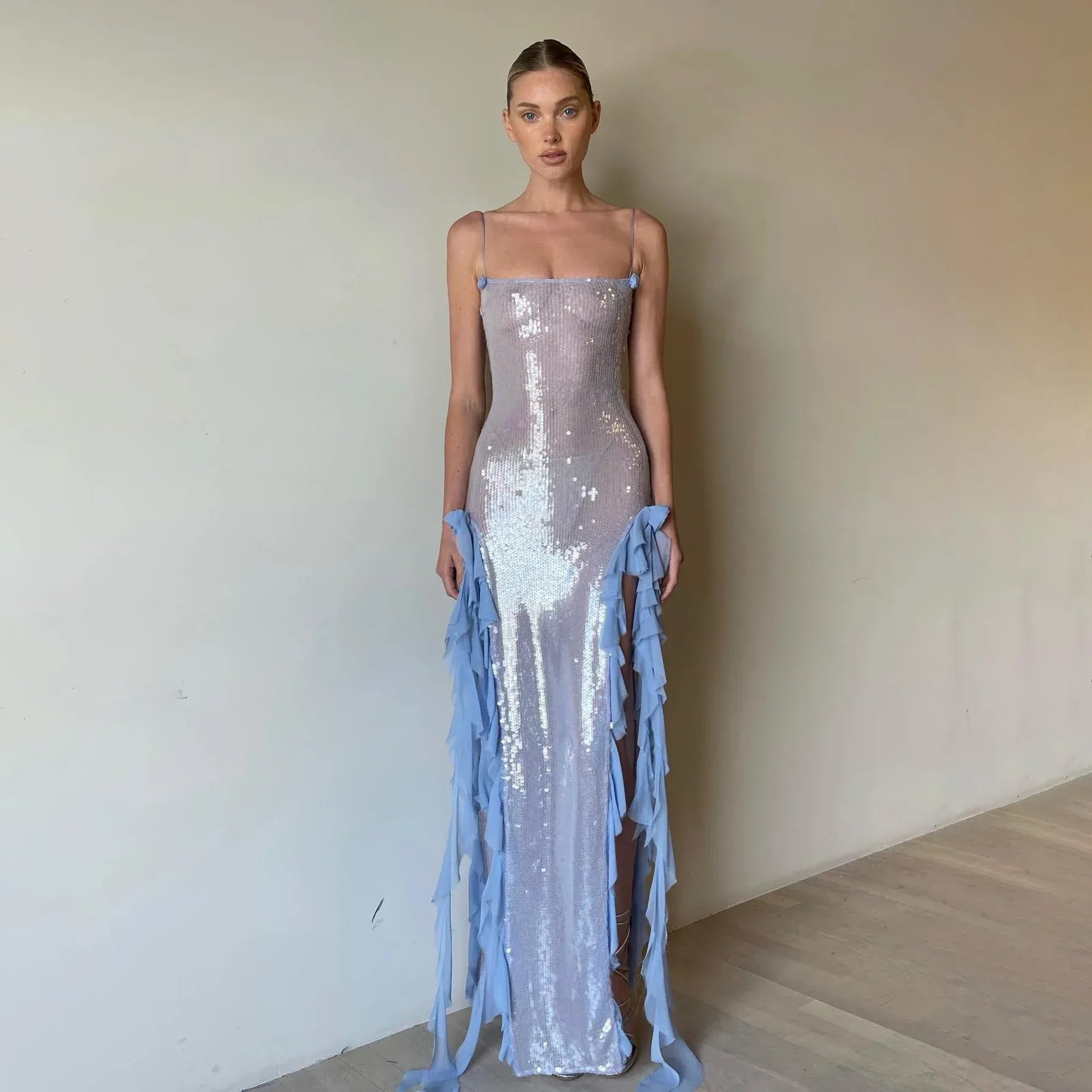Stylish Mermaid Spaghetti-Strap Ruffled Sequins Light Blue Floor-Length Prom Dress