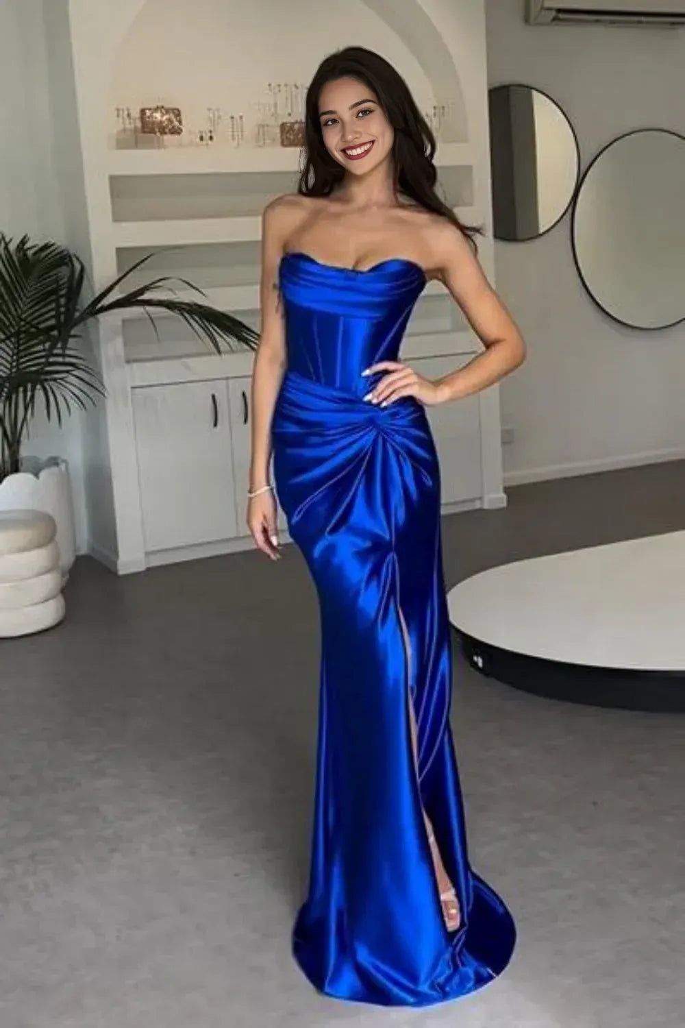 Stylish Mermaid Strapless Satin Split Floor-Length Prom Dress