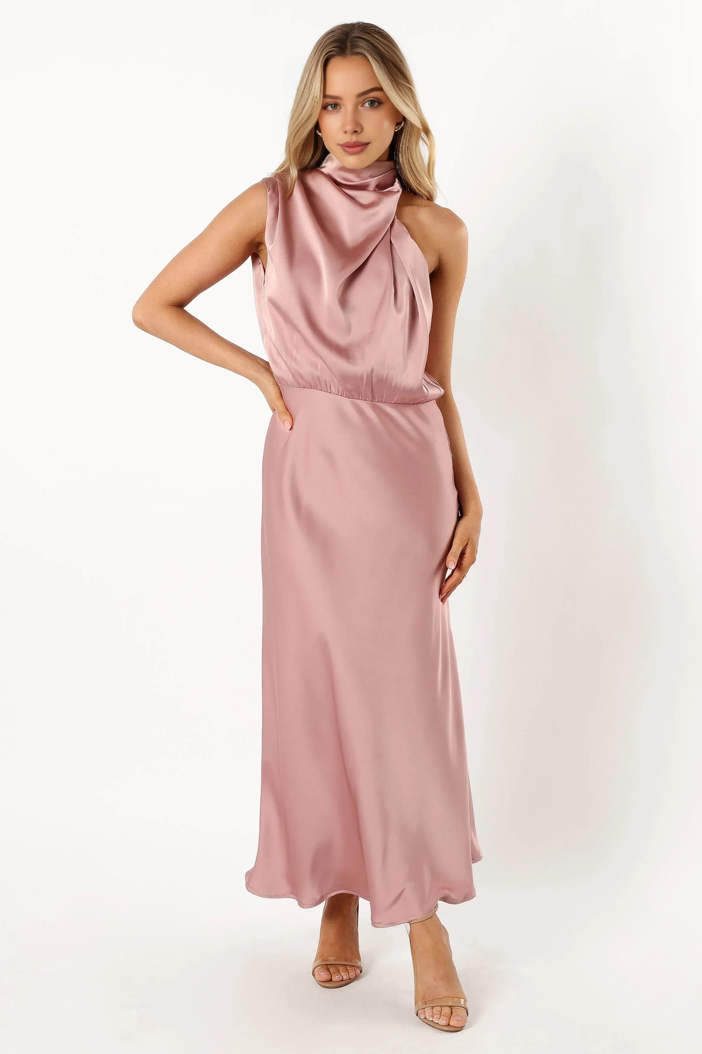 Stylish Sheath Halter Neck Sleeveless Satin Ankle-Length Prom Dress