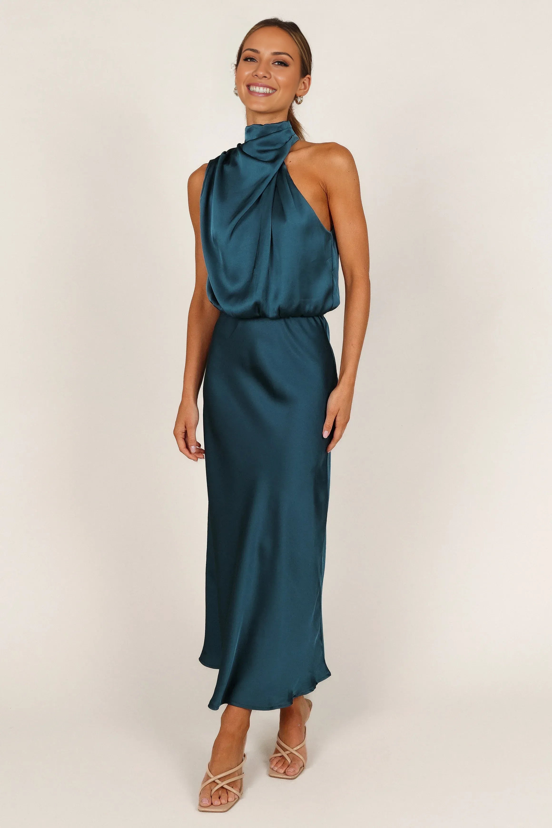 Stylish Sheath Halter Neck Sleeveless Satin Ankle-Length Prom Dress