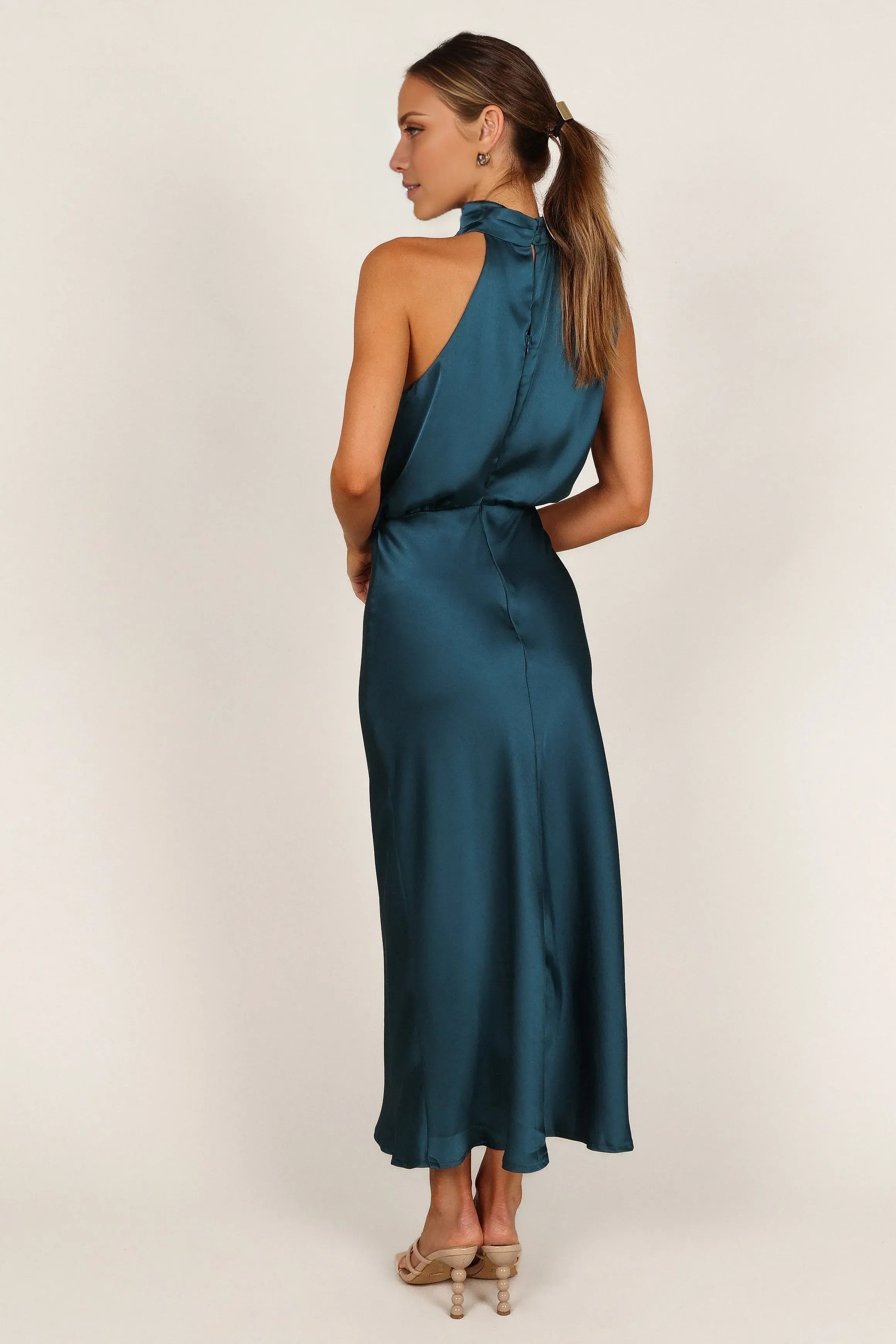 Stylish Sheath Halter Neck Sleeveless Satin Ankle-Length Prom Dress