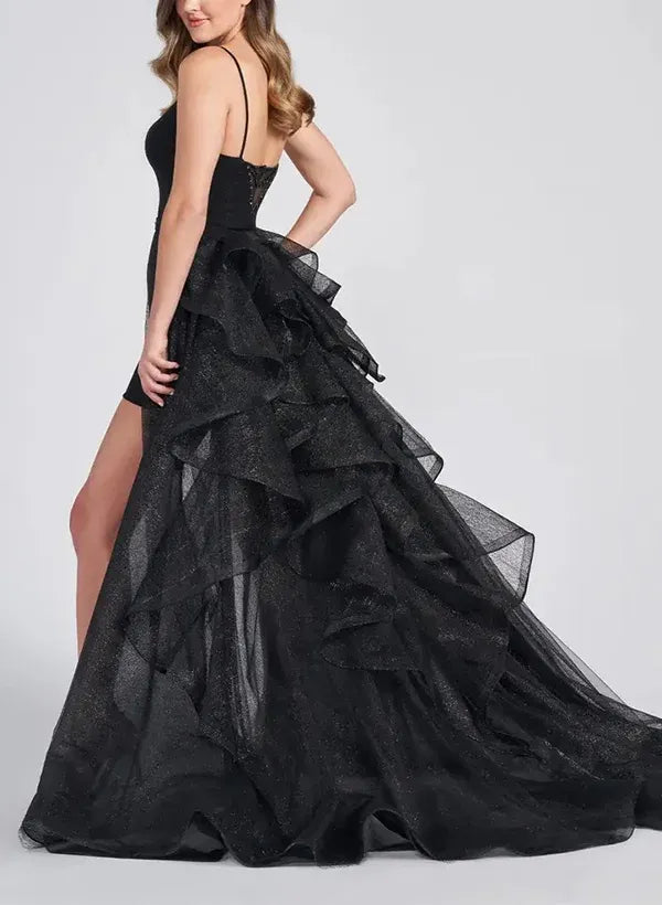 Stylish Sheath Spaghetti Straps Ruffle Glitter Black High-Low Homecoming Dress
