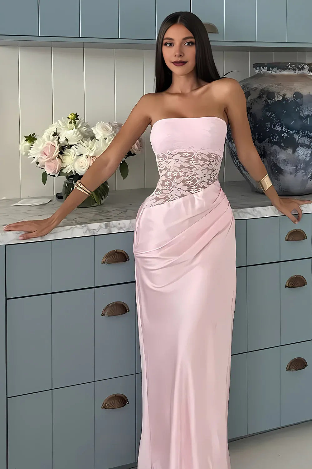Stylish Sheath Strapless Neck Sleeveless Lace Up Floor-Length Prom Dress