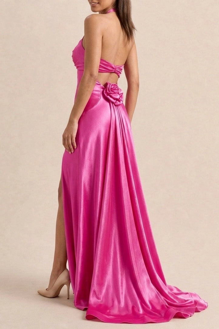 Stylish A-Line Halter High Slit Open Back Fuchsia Train Prom Dress With Flower