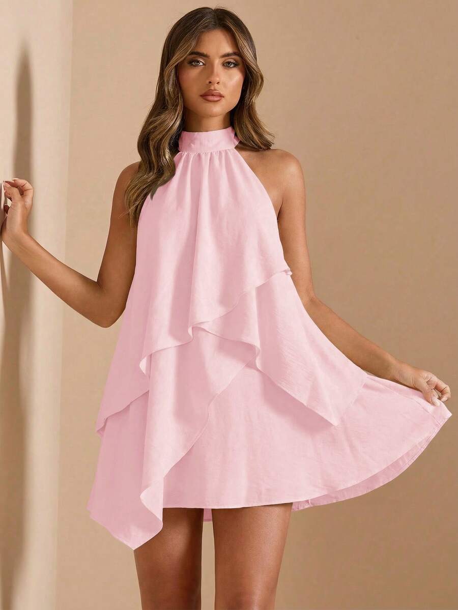Stylish A-Line Halter Neck Asymmetrical Tiered Ruffle Pink Mini Homecoming Dress