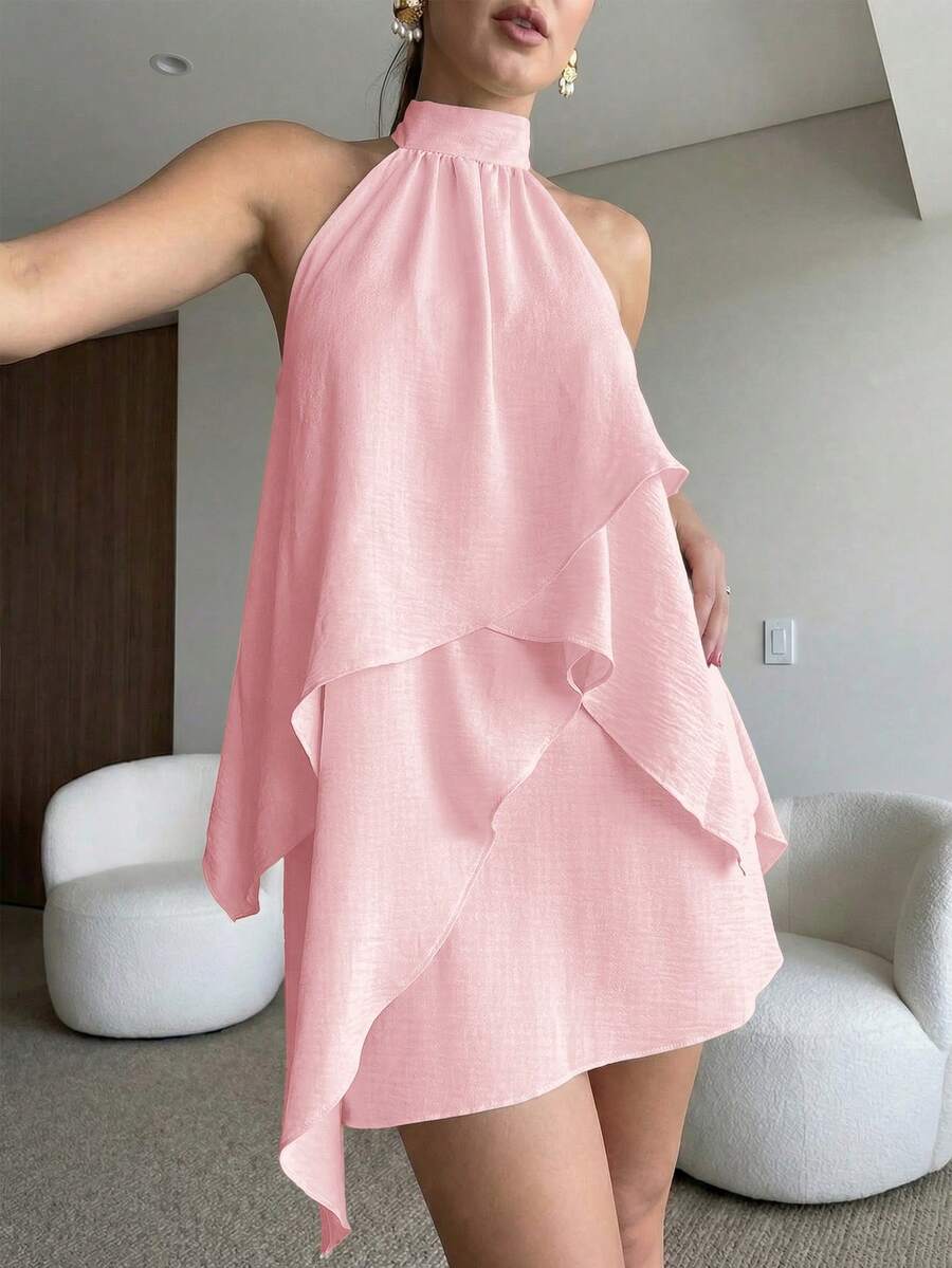 Stylish A-Line Halter Neck Asymmetrical Tiered Ruffle Pink Mini Homecoming Dress