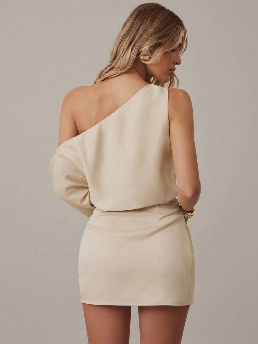 Stylish A-Line One-Shoulder Knotted Ruched Satin Champagne Mini Homecoming Dresses
