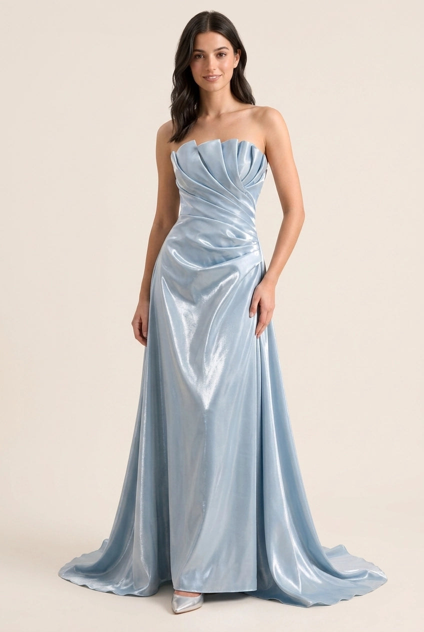 Stylish A-Line Strapless Ruched Shimmering Dusty Blue Floor-Length Prom Dress