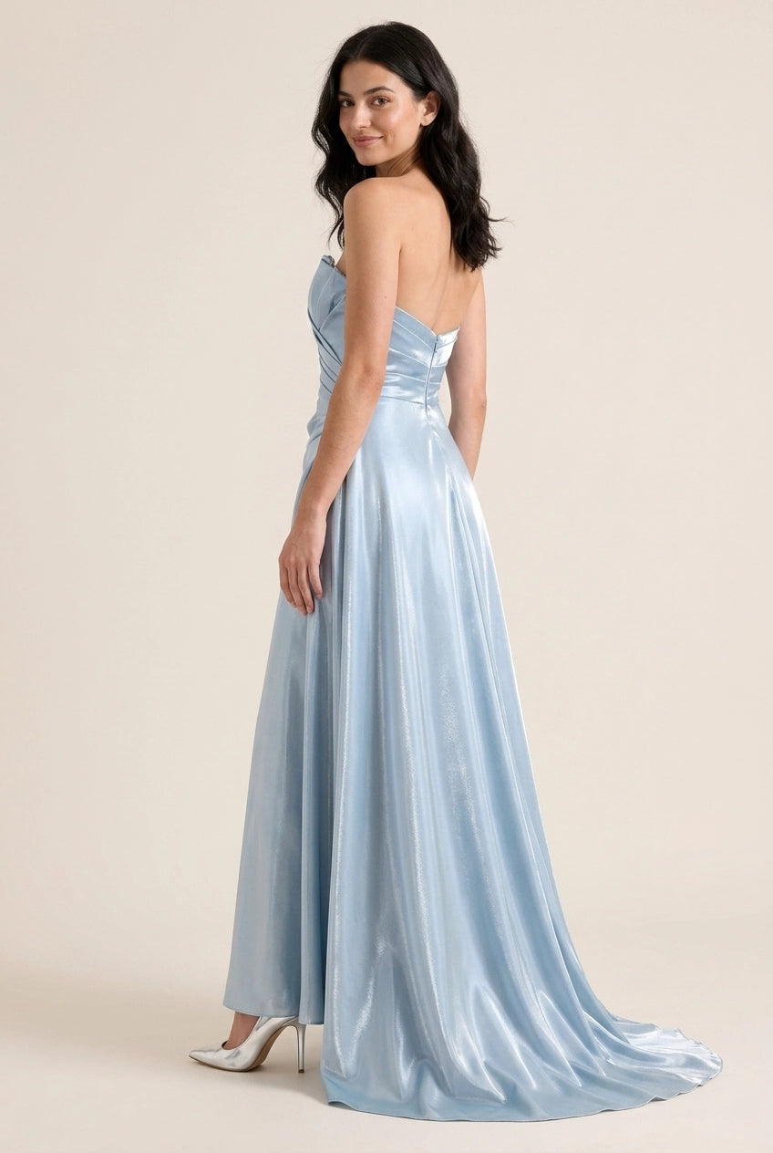 Stylish A-Line Strapless Ruched Shimmering Dusty Blue Floor-Length Prom Dress