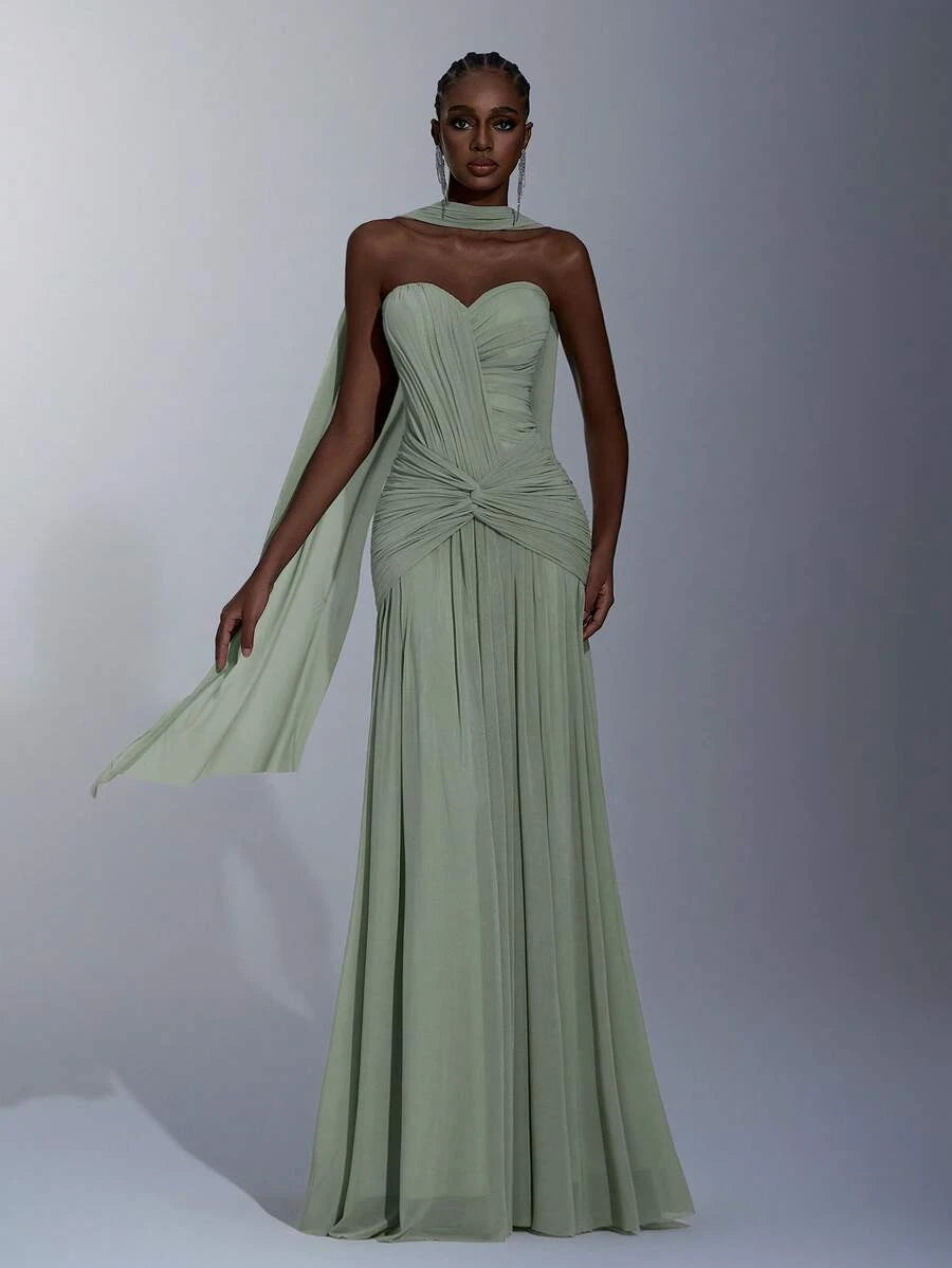 Stylish A-Line Sweetheart Ruched Sage Green Floor-Length Prom Dress With Scarf