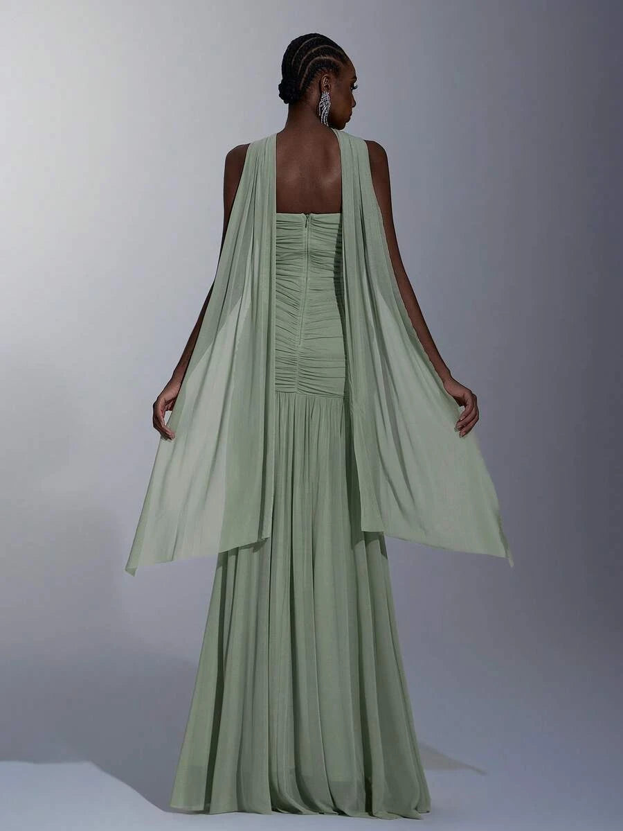 Stylish A-Line Sweetheart Ruched Sage Green Floor-Length Prom Dress With Scarf