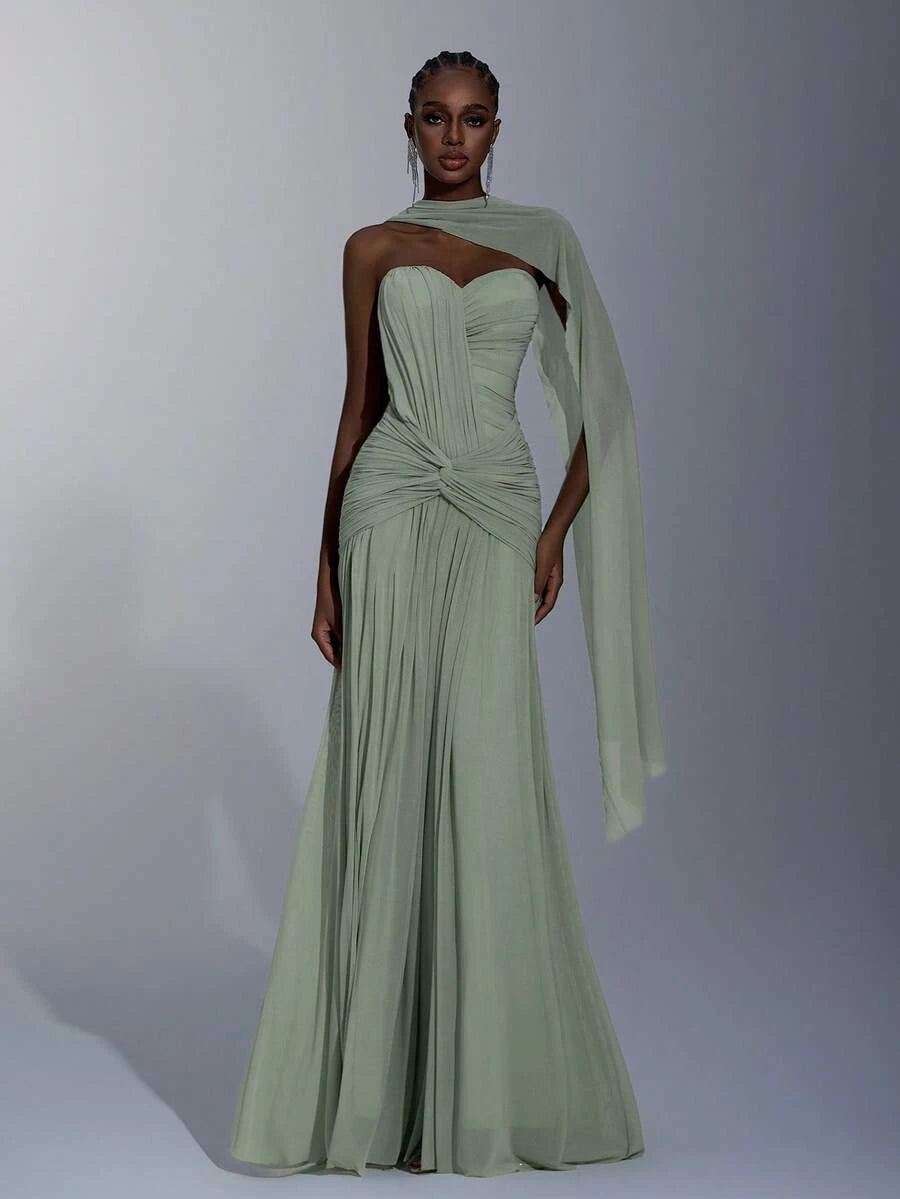 Stylish A-Line Sweetheart Ruched Sage Green Floor-Length Prom Dress With Scarf