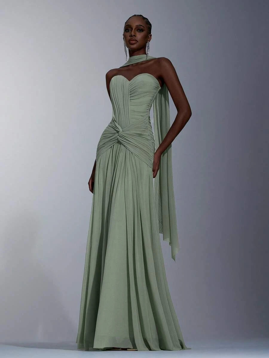 Stylish A-Line Sweetheart Ruched Sage Green Floor-Length Prom Dress With Scarf