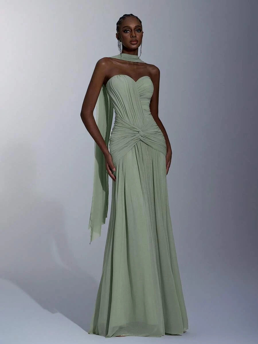 Stylish A-Line Sweetheart Ruched Sage Green Floor-Length Prom Dress With Scarf