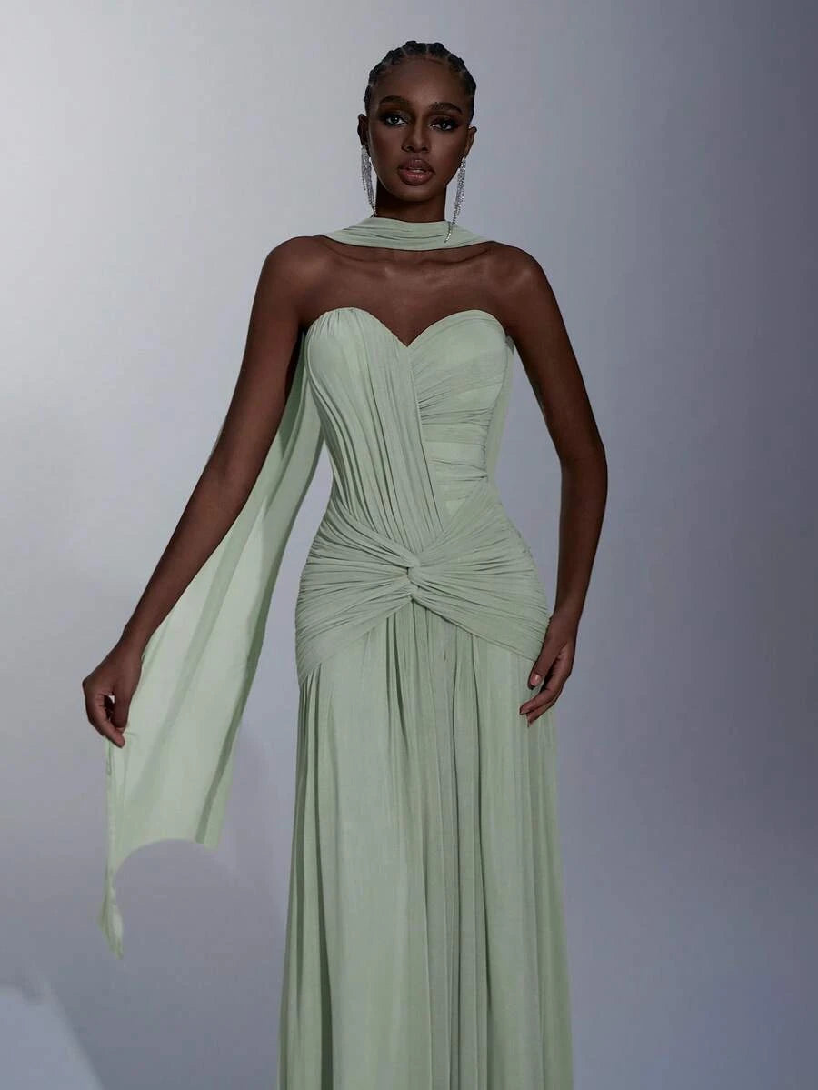 Stylish A-Line Sweetheart Ruched Sage Green Floor-Length Prom Dress With Scarf
