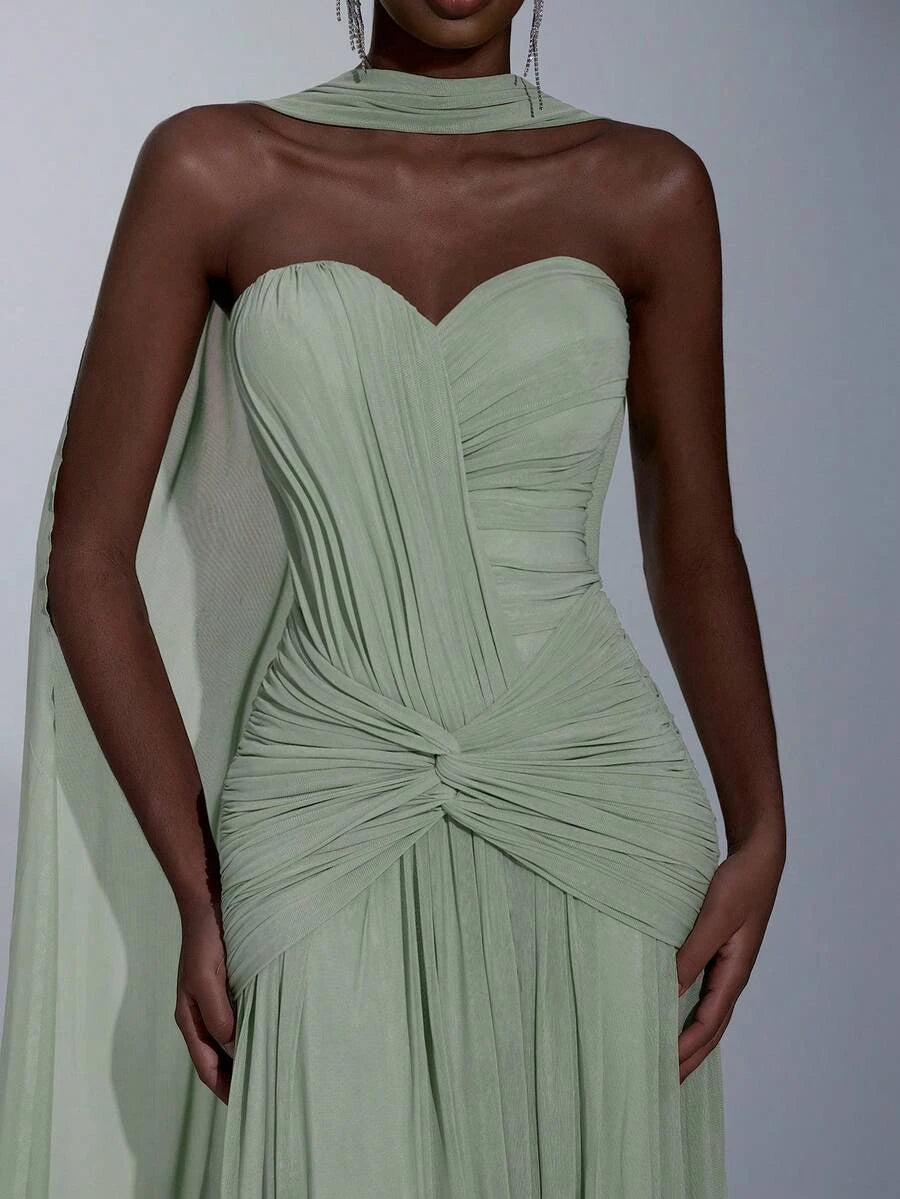Stylish A-Line Sweetheart Ruched Sage Green Floor-Length Prom Dress With Scarf