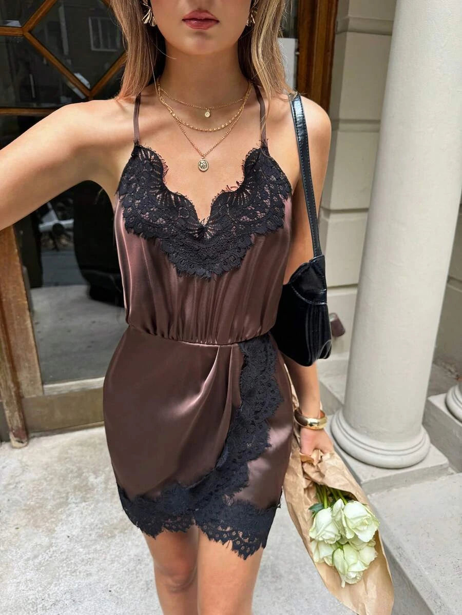 Stylish A-Line V-Neck Spaghetti Straps Lace Trim Draped Brown Mini Homecoming Dress