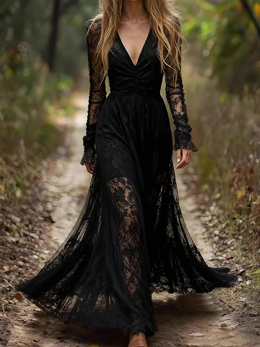 Stylish Bohemian A-Line V-Neck Long Sleeve Ruched Lace Black Floor-Length Prom Dress