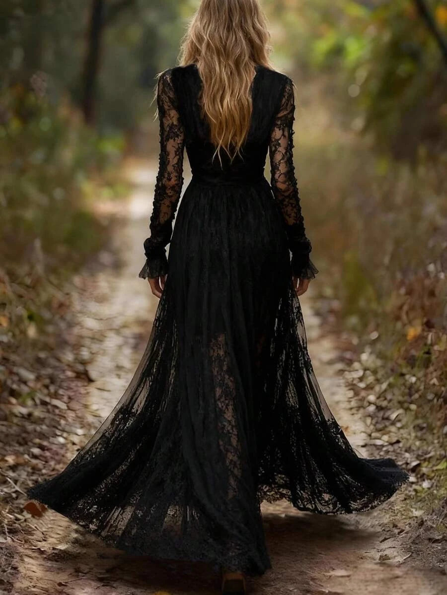Stylish Bohemian A-Line V-Neck Long Sleeve Ruched Lace Black Floor-Length Prom Dress