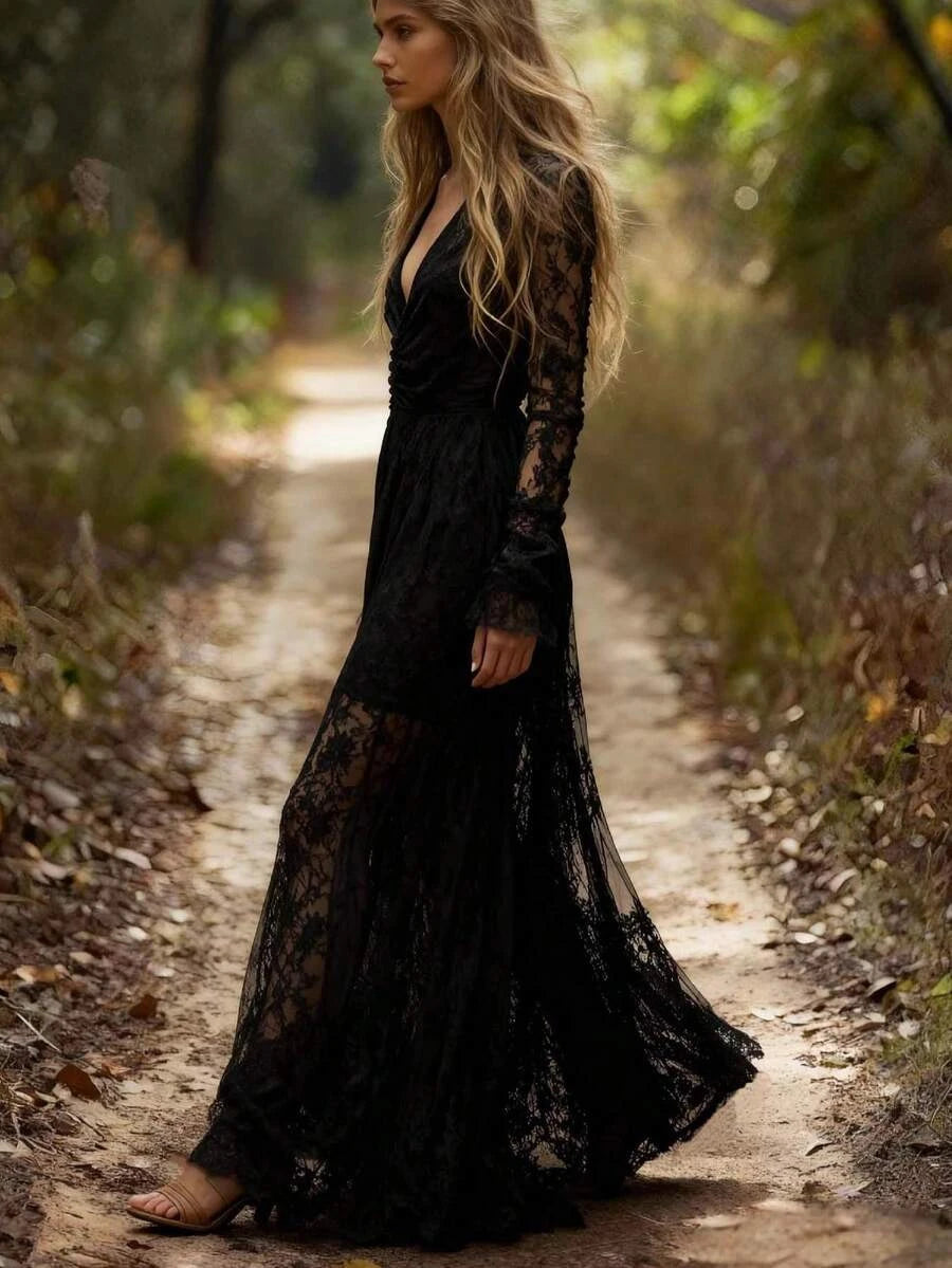 Stylish Bohemian A-Line V-Neck Long Sleeve Ruched Lace Black Floor-Length Prom Dress