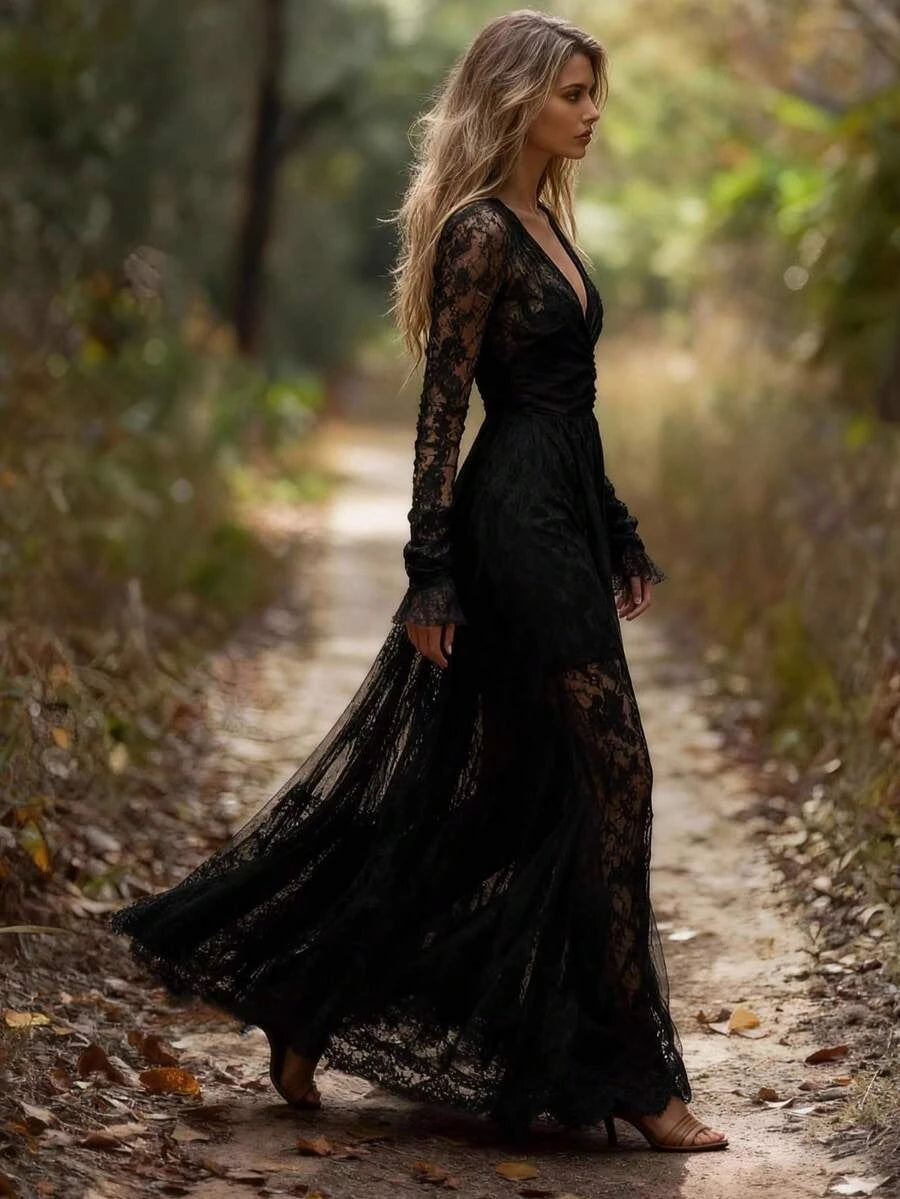 Stylish Bohemian A-Line V-Neck Long Sleeve Ruched Lace Black Floor-Length Prom Dress