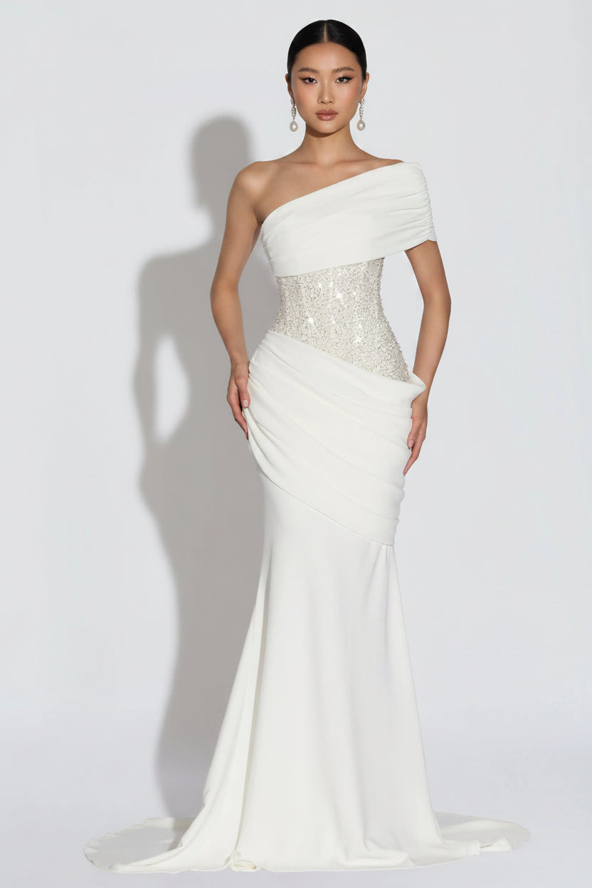 Stylish Fitted One-Shoulder Draped Sequins Mesh Ivory Floor-Length Prom Dress