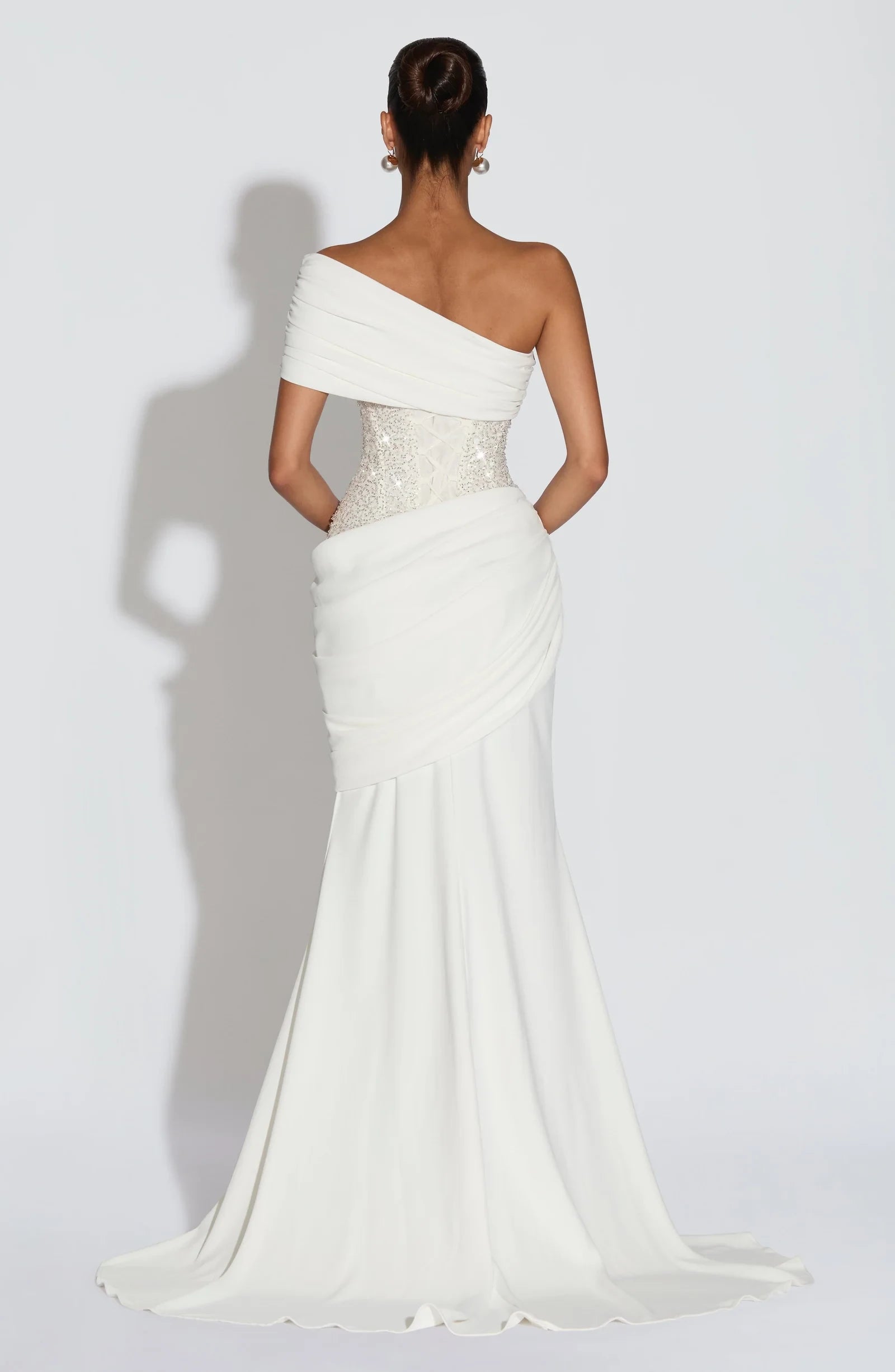 Stylish Fitted One-Shoulder Draped Sequins Mesh Ivory Floor-Length Prom Dress