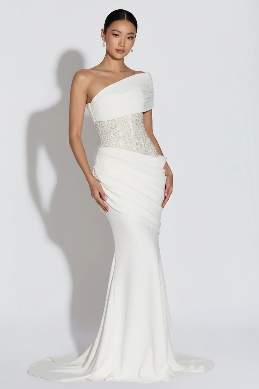 Stylish Fitted One-Shoulder Draped Sequins Mesh Ivory Floor-Length Prom Dress