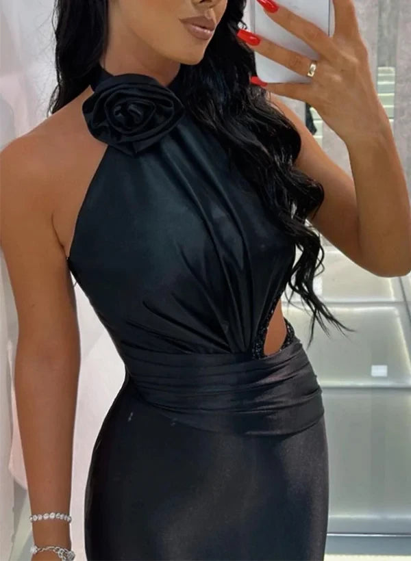 Stylish Mermaid Halter Neck Ruched Cutout Black Floor-Length Prom Dress With Beaded