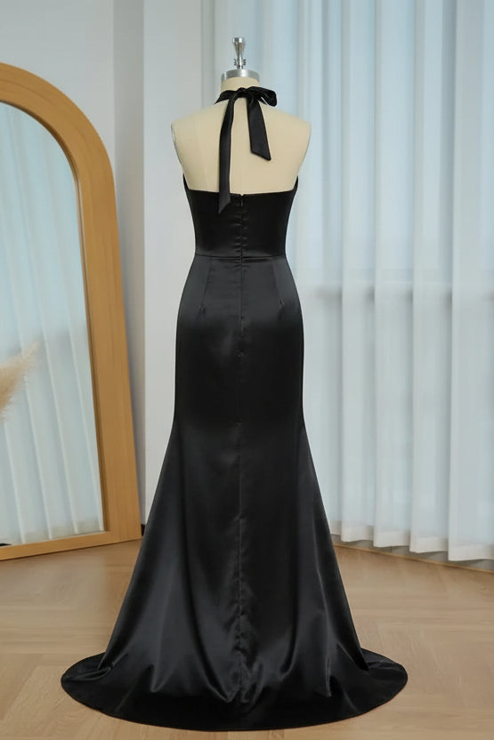 Stylish Mermaid Halter Neck Ruched Cutout Black Floor-Length Prom Dress With Beaded