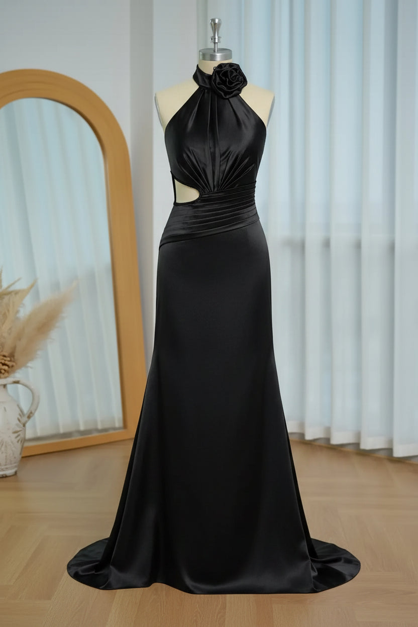 Stylish Mermaid Halter Neck Ruched Cutout Black Floor-Length Prom Dress With Beaded