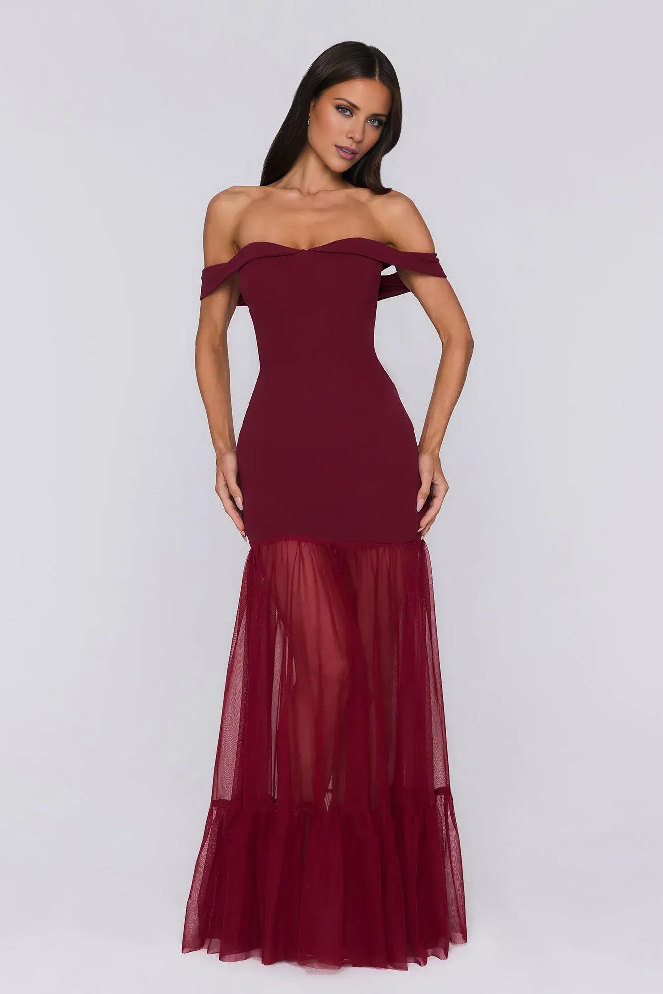 Stylish Mermaid Off-Shoulder Sheer Mesh Ruffled Burgundy Floor-Length Prom Dress