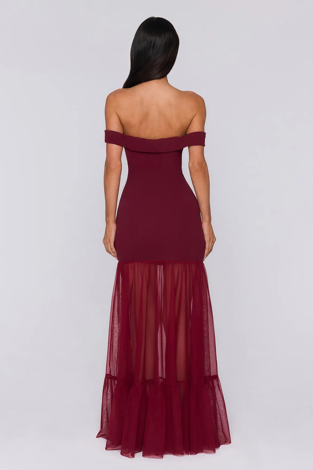 Stylish Mermaid Off-Shoulder Sheer Mesh Ruffled Burgundy Floor-Length Prom Dress