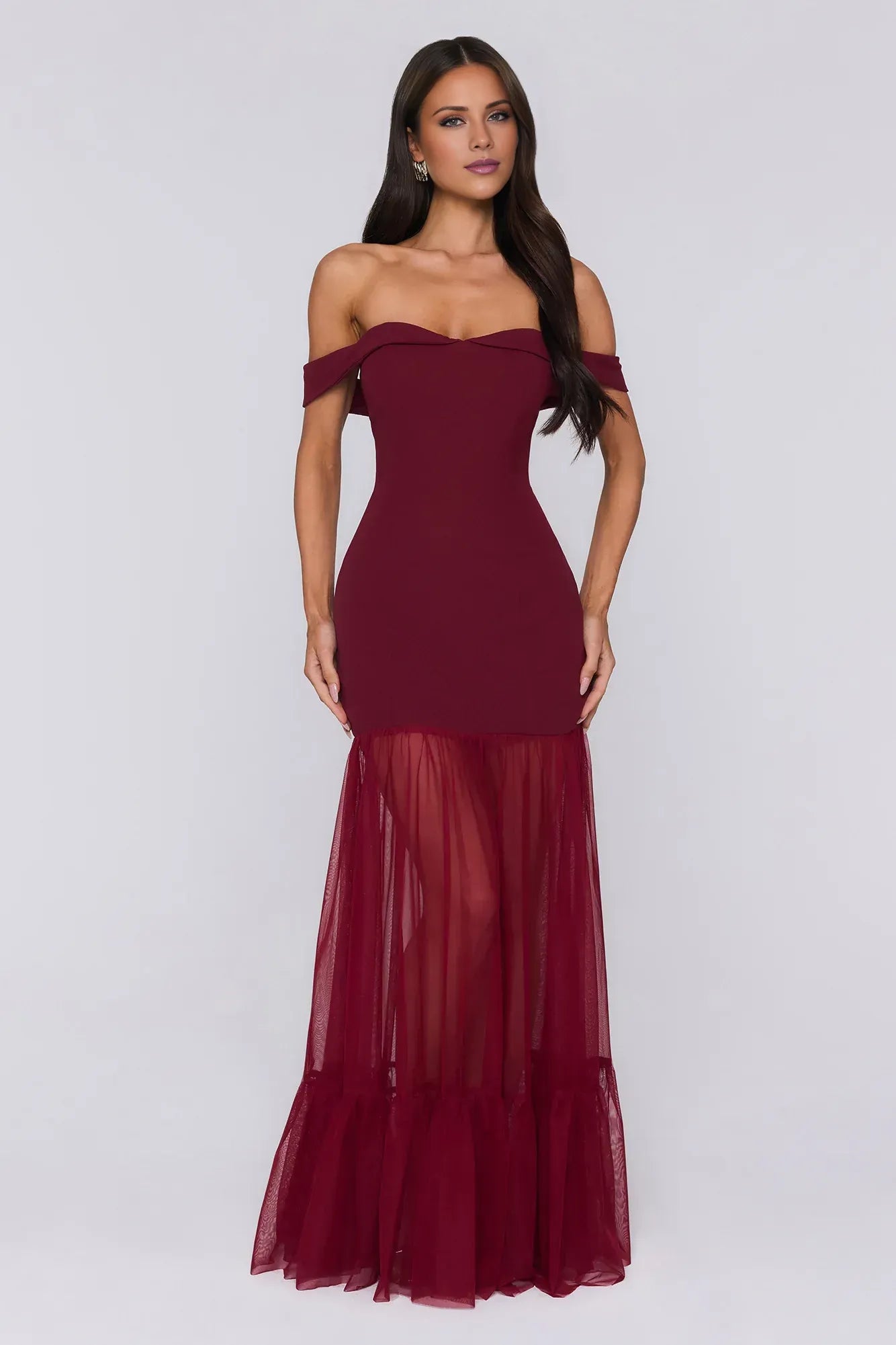 Stylish Mermaid Off-Shoulder Sheer Mesh Ruffled Burgundy Floor-Length Prom Dress