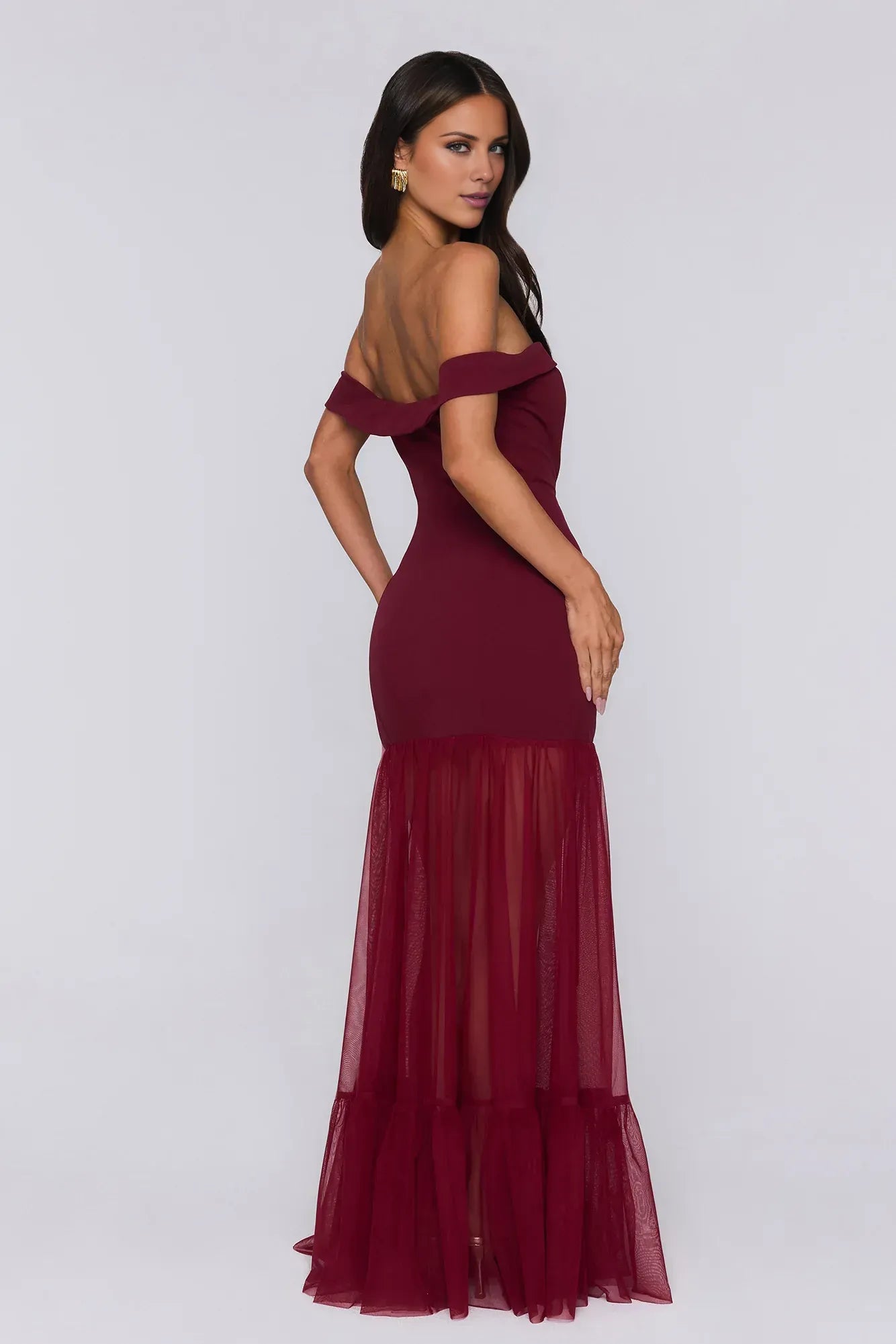 Stylish Mermaid Off-Shoulder Sheer Mesh Ruffled Burgundy Floor-Length Prom Dress