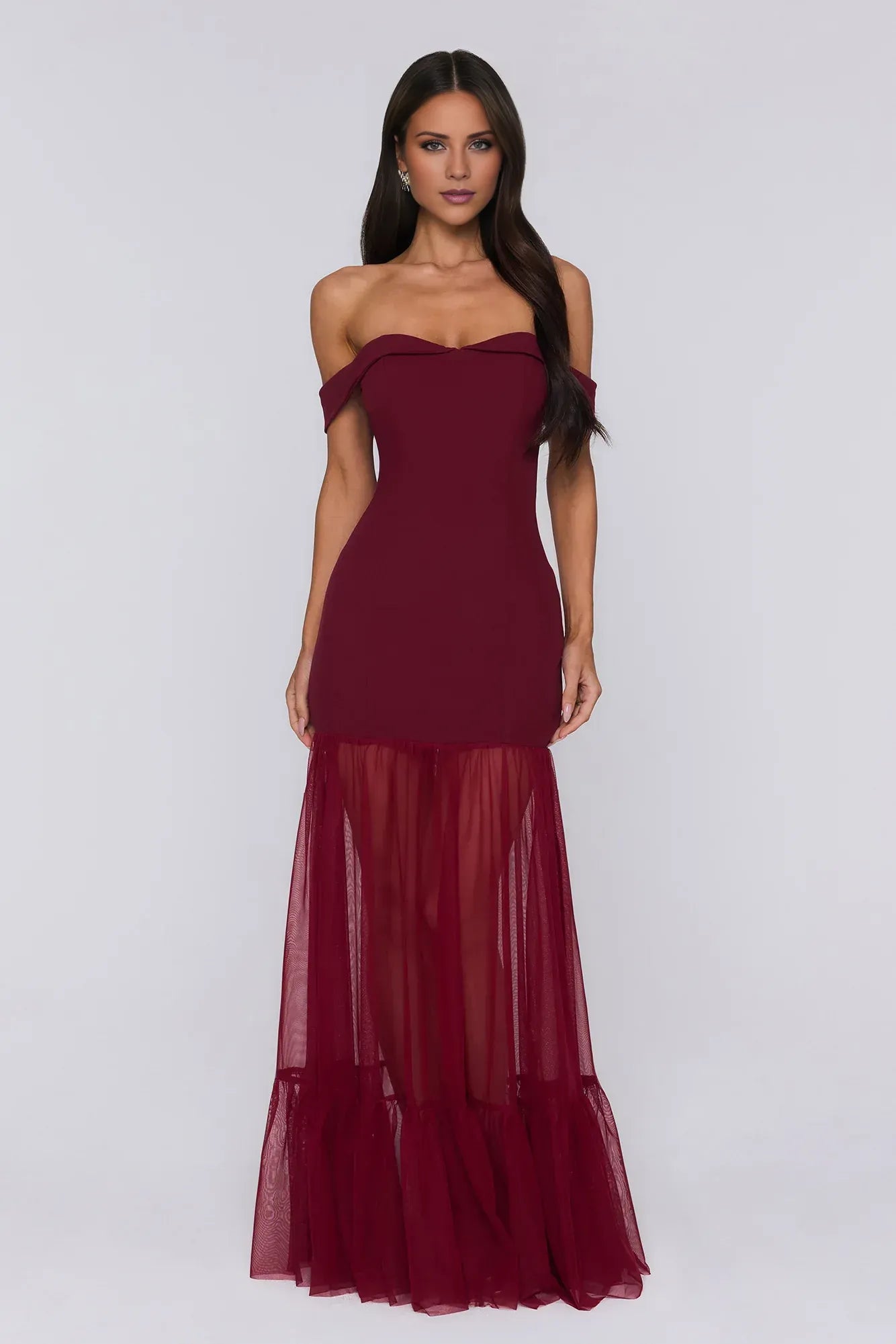 Stylish Mermaid Off-Shoulder Sheer Mesh Ruffled Burgundy Floor-Length Prom Dress