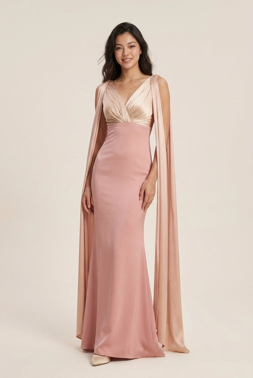 Stylish Mermaid V-Neck Draped Satin Two-Tone Blush Champagne Floor-Length Prom Dress
