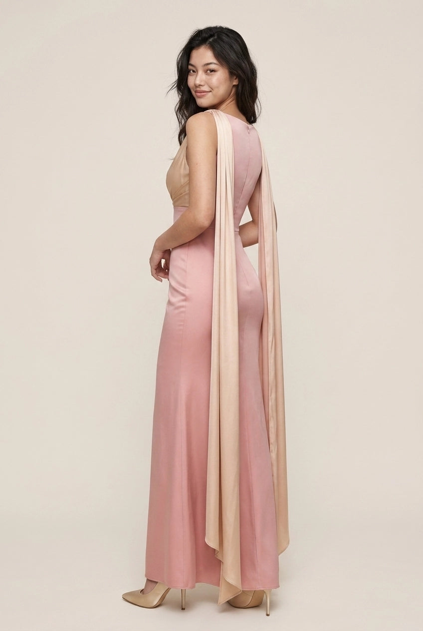 Stylish Mermaid V-Neck Draped Satin Two-Tone Blush Champagne Floor-Length Prom Dress