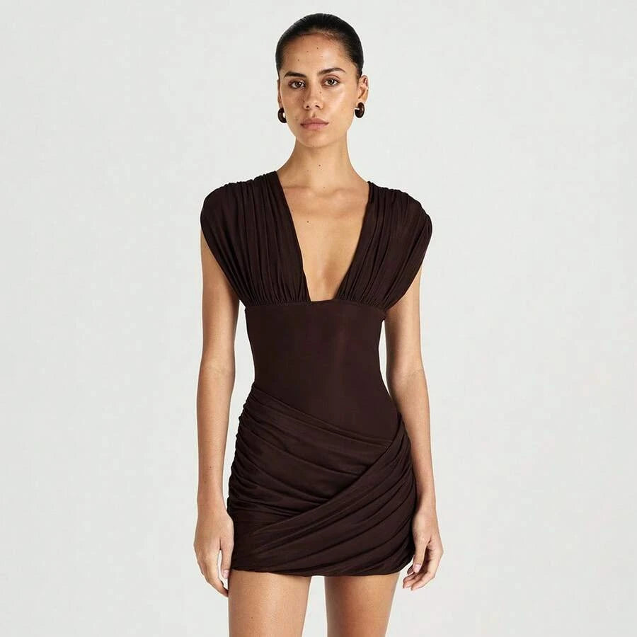 Stylish Sheath Deep V-Neck Ruched Draped Brown Mini Homecoming Dress