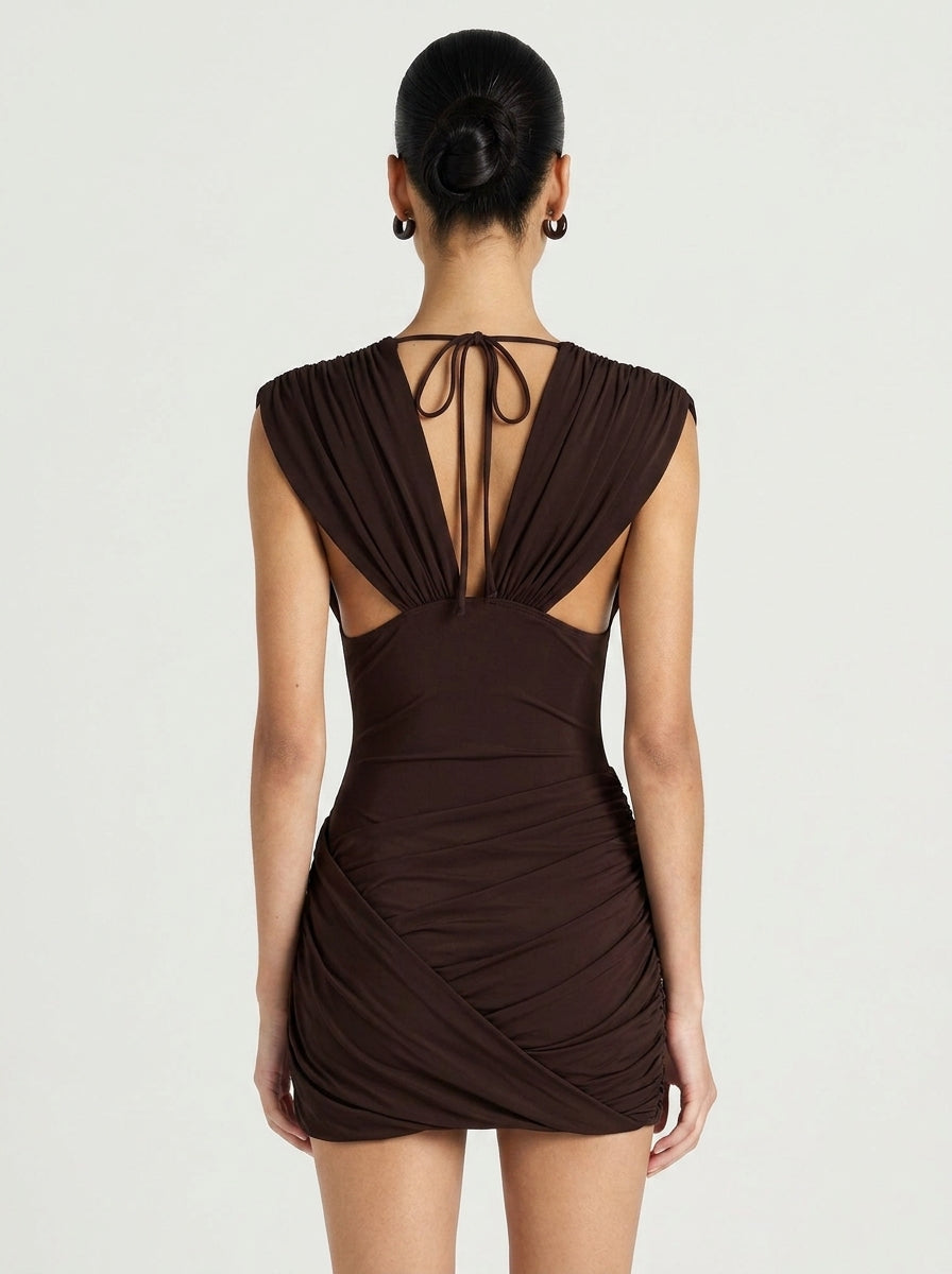 Stylish Sheath Deep V-Neck Ruched Draped Brown Mini Homecoming Dress
