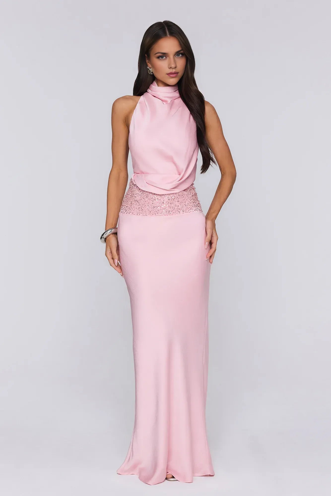 Stylish Sheath Halter Cowl Open Back Sequin Satin Pink Floor-Length Prom Dress