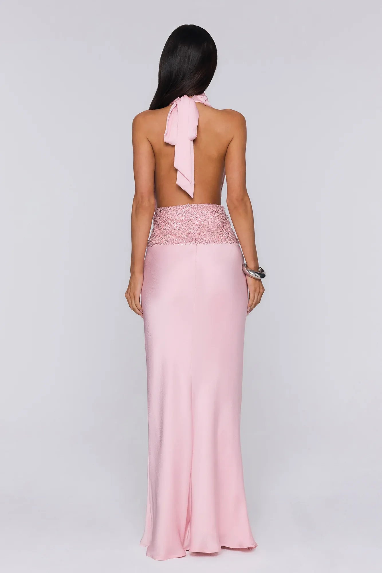 Stylish Sheath Halter Cowl Open Back Sequin Satin Pink Floor-Length Prom Dress