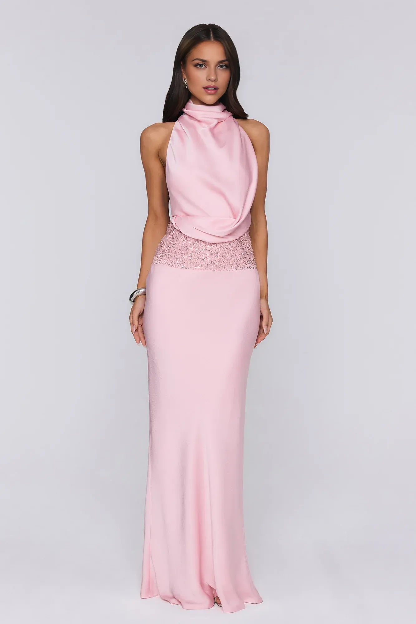 Stylish Sheath Halter Cowl Open Back Sequin Satin Pink Floor-Length Prom Dress