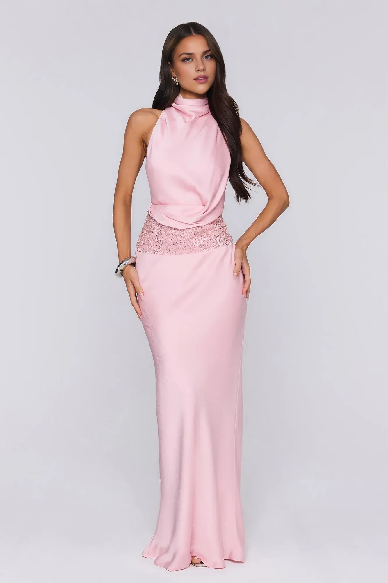 Stylish Sheath Halter Cowl Open Back Sequin Satin Pink Floor-Length Prom Dress