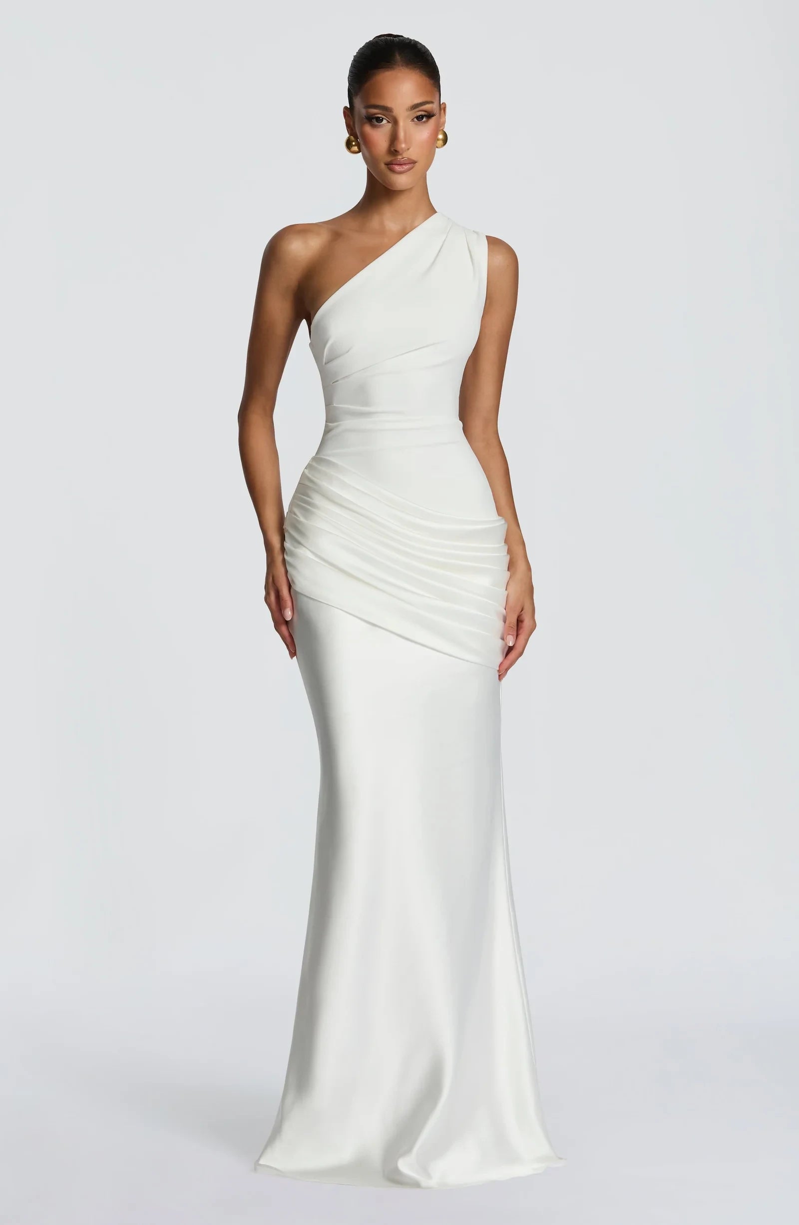 Stylish Sheath One-Shoulder Draped Ruched Satin Ivory Floor-Length Prom Dress