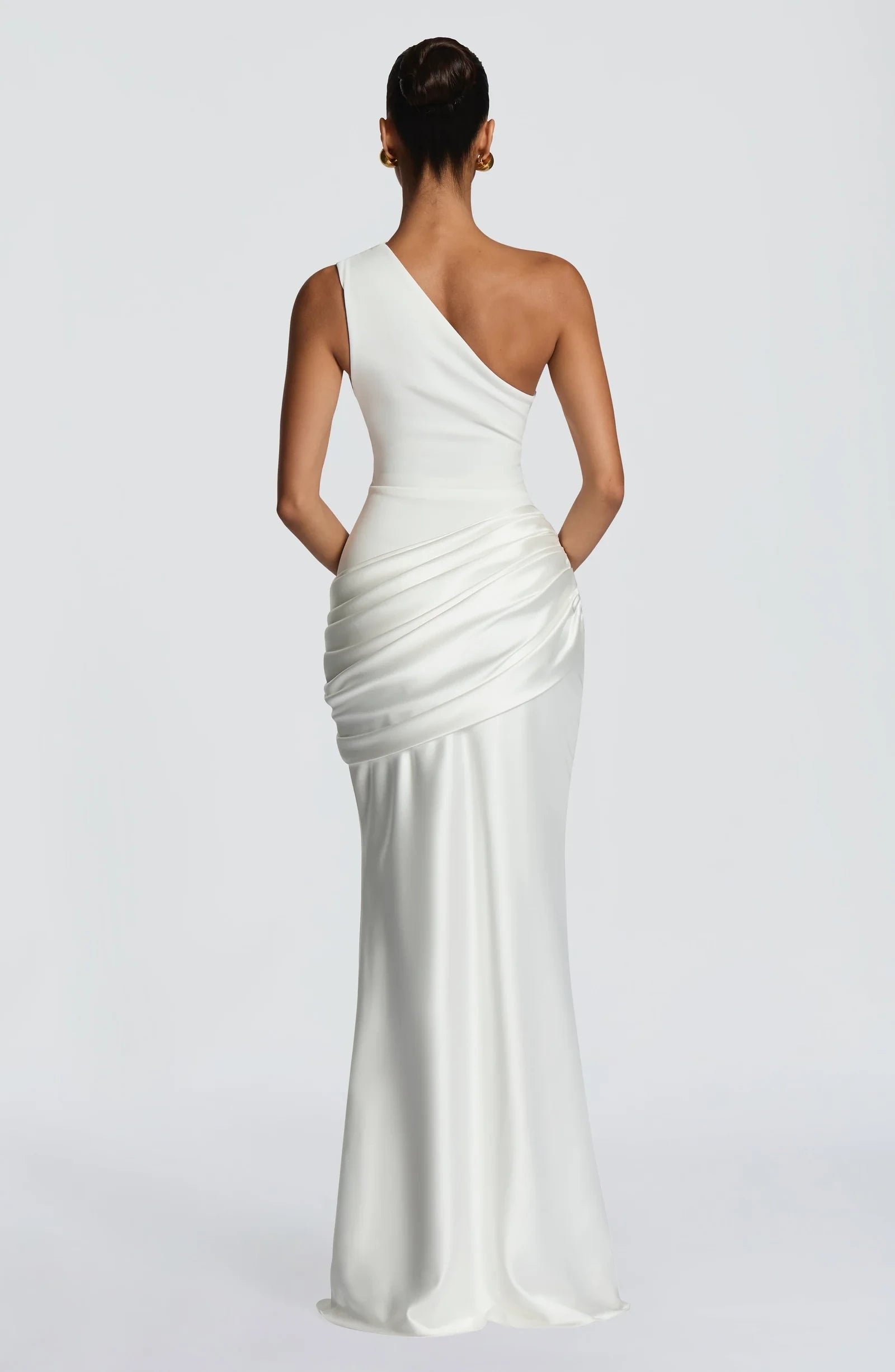 Stylish Sheath One-Shoulder Draped Ruched Satin Ivory Floor-Length Prom Dress