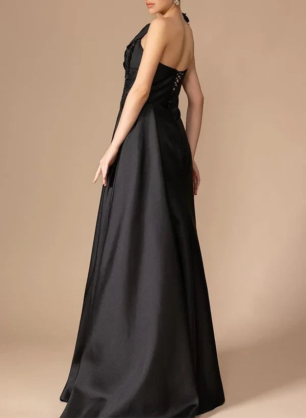 Stylish Sheath One-Shoulder Ruched Slit Black Floor-Length Prom Dress With Beaded